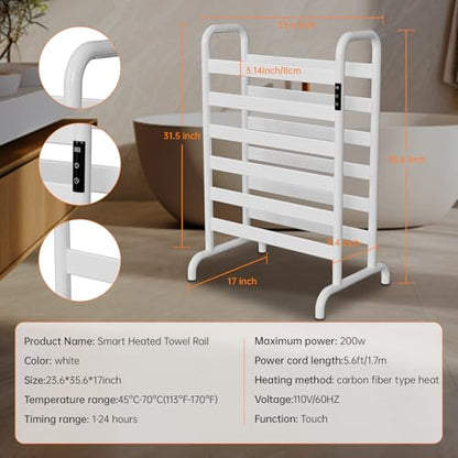 Towel Warmer Rack, Electric Heated Towel Rack for Bathroom, Freestanding Adjustable Temperature 110–170°F with Timer & Overheat Protection, Large Aluminum Towel Heater, 12 Fast Heating Bars - color: White