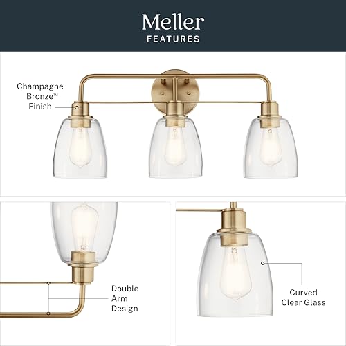 Kichler Meller 24.25" 3-Light Bathroom Vanity Light Fixture with Clear Glass Shades in Champagne Bronze for Mirror or Powder Room (24.25" W x 11.25" H x 7" D) 55102CPZ - color: Champagne Bronze, style: 3 Light