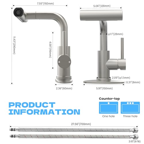 Brushed Nickel Bathroom Faucet with Sprayer - Brushed Nickel Bathroom Faucets for Sink 1 Hole or 3 Holes, 4 Mode Single Handle Vanity Faucet Waterfall Bathroom Faucet with Pull Down Sprayer (No Drain) - color: Brushed Nickel