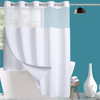 Conbo Mio Extra Long No Hook Waffle Weave Shower Curtain with Snap in Liner Set, Hotel Luxury White Shower Curtains for Bathroom with See Through Top Window, Waterproof, Washable 71W x 84H - color: Waffle-white, size: 71"W x 84"L (Pack of 1)