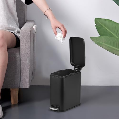 BestOffice | 1.3G Stainless Steel Trash Can with Lid | Black | Pack of 1 | Removable Inner Bucket, Soft-Close Step Pedal | Hands-Free Use | Easy to Clean | for Kitchen, Office, Bathroom - color: Black