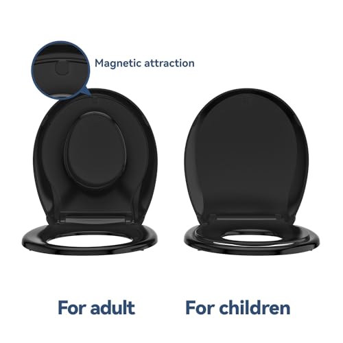 JINGZE Round Toddler Toilet Seat Adult/Child,Built-In Potty Training Seat, Soft Quiet Close Non-Slip Seat,Magnetic Kids Seat and Cover,Black - color: Black, size: Round 16.5inch with Baby Seat
