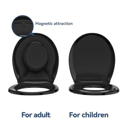 JINGZE Round Toddler Toilet Seat Adult/Child,Built-In Potty Training Seat, Soft Quiet Close Non-Slip Seat,Magnetic Kids Seat and Cover,Black - color: Black, size: Round 16.5inch with Baby Seat