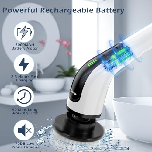 Electric Spin Scrubber, Power Shower Cleaning Brush with Long Handle | Cordless Cleaning Scrubber, 7 Replaceable Brush Heads, 90Mins Work Time, 3 Adjustable Size, 2 Speeds for Bathroom Cleaner