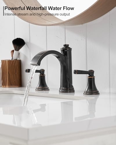 Waterfall Bathroom Faucet 3 Hole, 4-16 Inch Oil Rubbed Bronze Bathroom Faucet, Brass Bathroom Sink Faucet, 2 Handle Bathroom Faucets, Bathroom Vanity Faucet with Pop-Up Drain, Water Hoses - color: Oil Rubbed Bronze