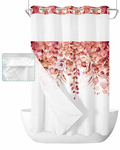 No Hook Shower Curtain and Snap in Liner Set, Red Eucalyptus Fabric Bathroom Stall Shower Curtains 54x78, See Through Mesh Top Window, Spring Summer Botanical Floral Leaves Country Hotel Style - color: Red, size: 54"W x 78"L (Pack of 1)