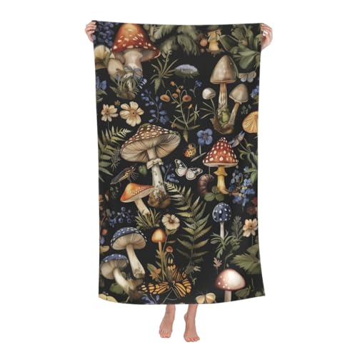 Mushroom Beach Towel, 32x52in Microfiber Quick Dry Enchanted Forest Wildflower Fern Butterfly Bath Towels, Soft Lightweight Oversized Sand Free, for Travel Pool Swimming Gym Decor, Gifts - color: Mushroom