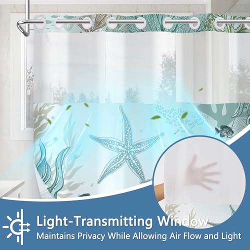 No Hook Shower Curtain with Snap in Liner, Waterproof Ocean Shower Curtain with Sheer Top Window and Weighted Hem, Coastal Underwater Starfish Design Bathroom Shower Curtains, 71" W x 74" L - color: Undersea Starfish