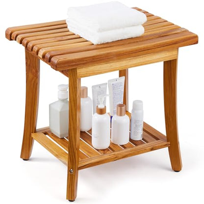 VEVOR Teak Shower Bench, 20in Waterproof Wood Shower Stool with Storage Shelf Non-Slip Foot Pads, 400 lbs Load Capacity Shower Chair Seat, for Bathroom Indoor and Outdoor Use - size: 20in