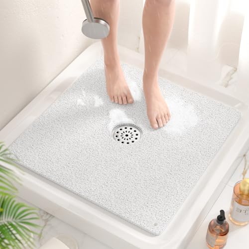 HITSLAM Square Loofah Shower Mat, 21x21 Inch Non Slip Bath Mat, White | Cushioned PVC Bathtub Mat Without Suction Cups, Quick Drying With Middle Drain Hole, Hanging Holes For Easy Storage - color: White, size: 21" x 21" (Square)