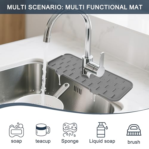 Kitchen Sink Splash Guard Silicone Faucet Mat for Kitchen Sink Grey | Sink drain pad behind faucet, Sink rubber mat around faucet guard & draining mat, bathroom sink protector Water Catcher Mat - color: Gray
