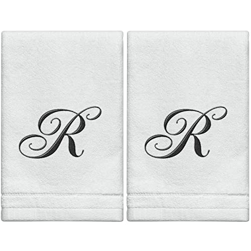 Monogrammed Towels Fingertip, Personalized Gift, 11 x 18 Inches - Set of 2- Black Embroidered Towel - Extra Absorbent 100% Cotton- Soft Velour Finish - For Bathroom/ Kitchen/ Spa- Initial R (White) - color: R