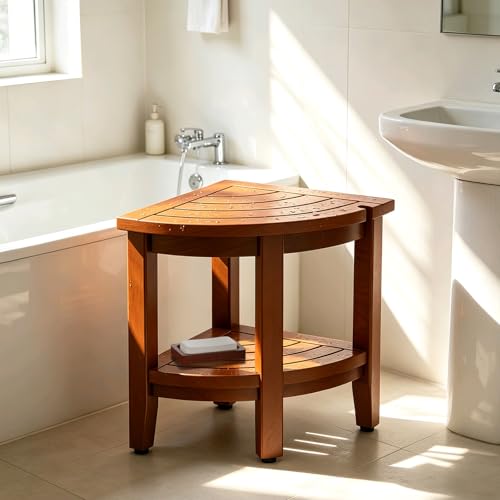 Teak 18" Corner Shower Bench Stool for Inside Shower | Waterproof Bath Chair, with Storage Shelf, Assembly Required