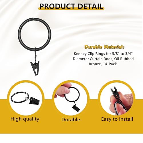 Curtain Rings with Hooks 14 Pack - Rustproof Metal Drapery Clips for Window, Shower, Door, 1.5" Inner Diameter, Smooth Gliding, Fits 5/8" to 3/4" Rods, Black - color: Black