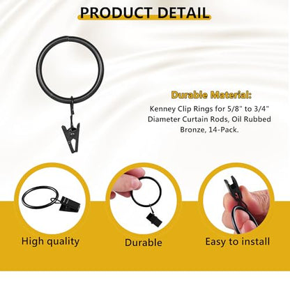 Curtain Rings with Hooks 14 Pack - Rustproof Metal Drapery Clips for Window, Shower, Door, 1.5" Inner Diameter, Smooth Gliding, Fits 5/8" to 3/4" Rods, Black - color: Black