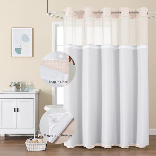 No Hook Shower Curtain with Snap in Fabric Liner, Waffle Weave Heavy Duty Thick Shower Curtains with Mesh Top Window, Hotel Style Waterproof Bathroom Curtain Set, 72 x 75 Inch, Blush Pink - color: Blush Pink, size: 72"W x 75"L (Pack of 1)