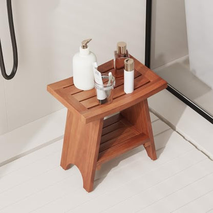 EROMMY 18" Teak Shower Bench with Storage Shelf, Solid Teak Wood Shower Seat, Waterproof Shower Stool for Shaving Legs, Shower Chair for Inside Bathroom Indoor Outdoor Patio Pool - size: 18" Teak Shower Bench