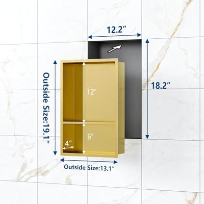Qeke 12" x 18" Stainless Steel Shower Niche w/Double Shelves, Brushed Golden - color: Brushed Golden, size: 12X18"