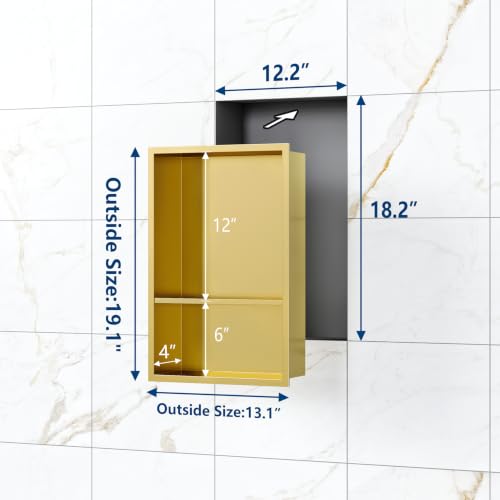 Qeke 12" x 18" Stainless Steel Shower Niche w/Double Shelves, Brushed Golden - color: Brushed Golden, size: 12X18"