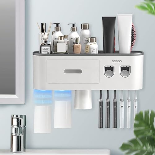 Toothbrush Holders Wall Mounted, Toothbrush Holder with Automatic Toothpaste Dispensers, 6 Brush Slots, 3 Magnetic Cups,1 Cosmetic Drawer Organizer and 1 Large Storage Tray - size: Grey 3 Cups