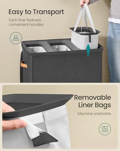 SONGMICS Laundry Basket, 50.2 Gal. Laundry Hamper, 3 Compartments, Easy Assembly, with Lid and Handles, Removable Liners, 25.2 x 15.7 x 29.5 Inches, Ink Black ULCB814BH01 - color: Ink Black, size: 190 L (3-Section)
