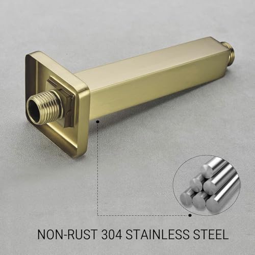 Gold Shower Arm with Flange, 4 Inch Square Extension Arm for Rainfall Shower Head, NPT 1/2 to G 1/2 Inch, Ceiling Mount, Brushed Gold - color: Brushed Gold, style: 4-Inch