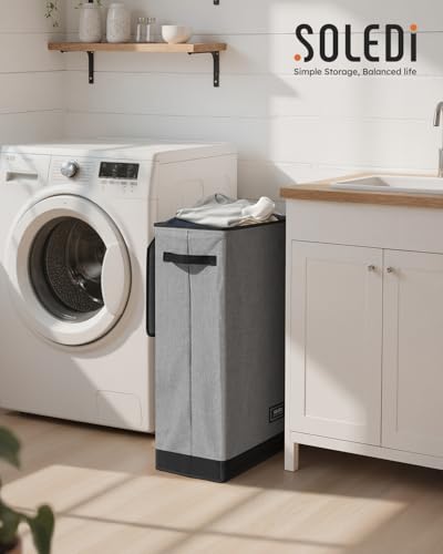 SOLEDI Slim Laundry Hamper with Lid, Narrow Laundry Basket with Removable Bags, Dirty Clothes Hamper with handle, Small Hamper perfect for Laundry room, Bathroom, Bedroom, Small spaces. 70L Grey - color: Grey, size: 70L