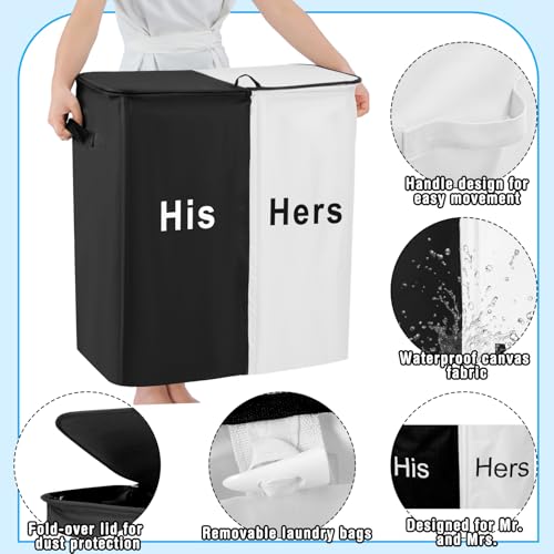 DoubleFill 154L Large Double Laundry Hamper with Lid and Removable Bags Laundry Basket 2 Section Collapsible Dirty Clothes Hamper for Bathroom Bedroom for Husband&Wife Parents or Couple(His Hers) - style: His Hers