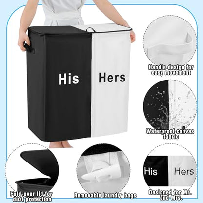 DoubleFill 154L Large Double Laundry Hamper with Lid and Removable Bags Laundry Basket 2 Section Collapsible Dirty Clothes Hamper for Bathroom Bedroom for Husband&Wife Parents or Couple(His Hers) - style: His Hers