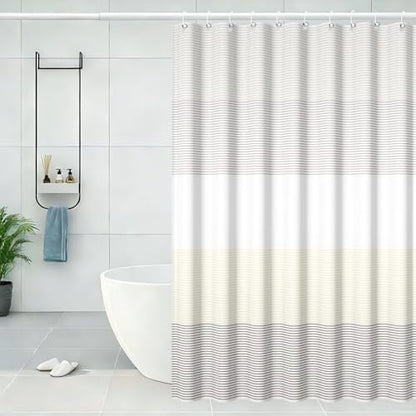 Boho Beige Brown Striped Stall RV Shower Curtain 54" Wx72 L | White Gray Bohemian Geometric, Polyester Waterproof, Machine Washable, Bathroom Small Curtain, Easy to Install with 10 Hooks - color: Beige, size: 54"W x 72"L (Pack of 1)