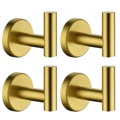 JQK Bathroom Towel Hook Brushed Gold, Brass Coat Robe Clothes Hook for Bathroom Kitchen Garage Wall Mounted (Pack of 4), SUS 304 Stainless Steel 0.8mm, TH100-BG-P4 - color: Gold, size: 4 Pack
