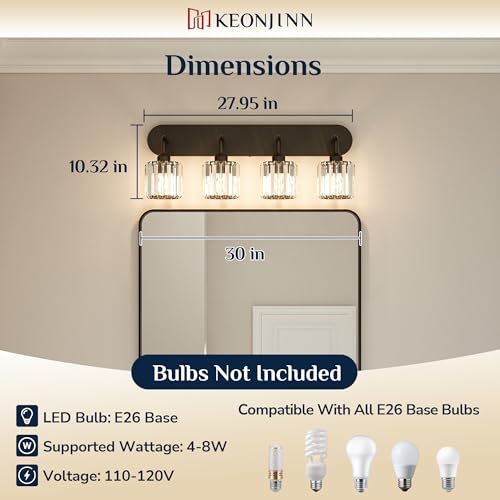 Keonjinn 4-Light Bathroom Light Fixtures, Crystal Black Bathroom Vanity Lights Over Mirror, Vanity Lighting Fixtures with Crystal Square Shades (E26 Socket, Exclude Bulb) - color: Black, size: 4-Light
