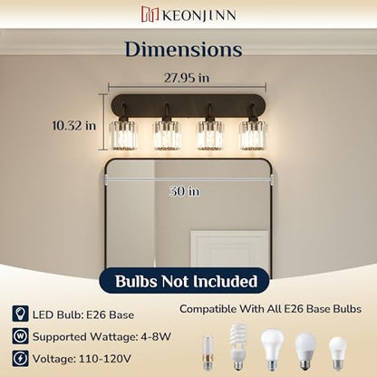Keonjinn 4-Light Bathroom Light Fixtures, Crystal Black Bathroom Vanity Lights Over Mirror, Vanity Lighting Fixtures with Crystal Square Shades (E26 Socket, Exclude Bulb) - color: Black, size: 4-Light