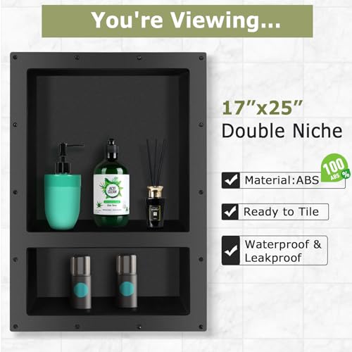 Suteck 25"x17" Shower Niche, 2-Tier Built-in Shelf Tile-Ready Storage Box | 14"x16.5" & 14"x6" Cubby | 100% Waterproof ABS | Over/Flush Mount, Vertical/Horizontal | Multi-Scene For Bathroom, Kitchen - size: 17"x25"