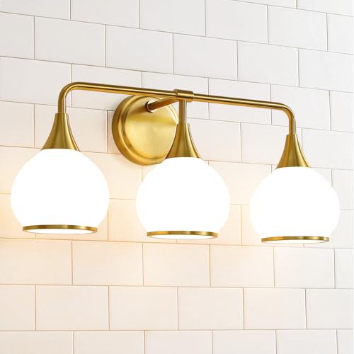 Brushed Gold Bathroom Light Fixtures 3-Lights Vanity Lights with Milky White Frosted Glass Shade Bathroom Vanity Light 22.4 inch Wall Sconce Lighting Bath(Exclude E26 Bulb) - color: Gold & Milky White, size: 3 Light