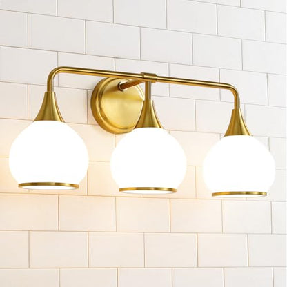 Brushed Gold Bathroom Light Fixtures 3-Lights Vanity Lights with Milky White Frosted Glass Shade Bathroom Vanity Light 22.4 inch Wall Sconce Lighting Bath(Exclude E26 Bulb) - color: Gold & Milky White, size: 3 Light