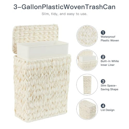 Coeusy Wicker Trash Can with Lid and Liner,Boho Decotative Small Bathroom Trash Cans,Waterproof Slim Narrow Waste Basket for Bedroom,Home Office,3 Gallon Beige White - color: white