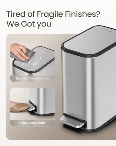 Cesun Small Bathroom Trash Can with Lid Soft Close & Pedal, 1.3 Gal, Silver | Removable Inner Bucket, Slim Stainless Steel Garbage Can for Bedroom/Office, Included 5 Trash Bags, Hidden Bag, Built to Last - color: Silver