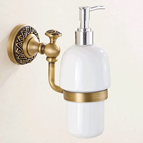 Leyden Antique Brass Soap Dispenser,Wall Mount Hand Soap Pump Bathroom Liquid Holder Lotion Bottles Vintage Dish Ceramics Removable for Kitchen Sink Countertop