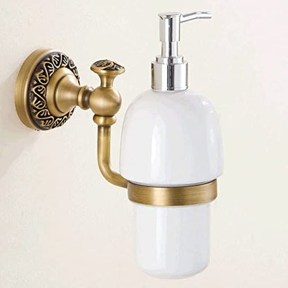 Leyden Antique Brass Soap Dispenser,Wall Mount Hand Soap Pump Bathroom Liquid Holder Lotion Bottles Vintage Dish Ceramics Removable for Kitchen Sink Countertop