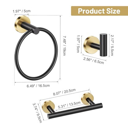 Black Gold Bathroom Hardware Set, 4-Piece Towel Holder Set Include Double Bases Toilet Paper Holder,Towel Ring and 2 Towel Hooks Stainless Steel Wall Mounted Bathroom Hardware Accessories Set - color: Black Gold, size: Set B