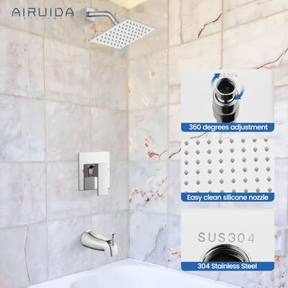 Airuida 6 Inch Shower Faucet Set,Bathtub Faucet Kit,Chrome Polish | Shower Tub Faucet Set,Male Threads Rough-In Valve,Square Head Shower System - color: Chrome, size: 6 Inch