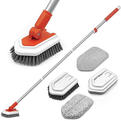JEHONN Shower Cleaning Brush, Tub Tile Scrubber with Telescopic 51 inches Long Handle, 4 Scrub Heads for Bathroom Bathtub Floor Baseboard Sink Toilet
