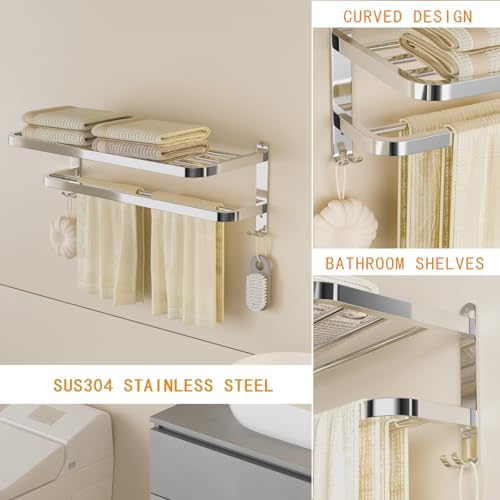 23 Inch Bathroom Towel Rack Towel Shelf with Double Towel Bars Lavatory Wall Mount Holder with Hooks Stainless Steel Hotel Bath Rack - color: Silver