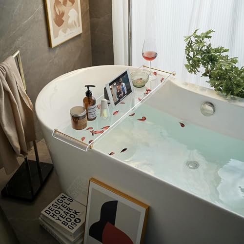 Bathtub Caddy Tray for Luxury Bathroom Bath tub Table Caddy Tray Shelf for Shower with Gold Handles fits All bathtubs - color: Transparent - With Handle