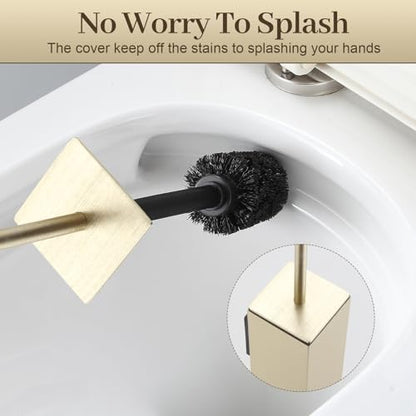 Toilet Brush and Holder Wall Mounted, Brushed Gold Aluminum with 2 Replaceable Heads, Bathroom Toilet Brush, Drill or 3M Adhesive Mount, Removable Liner and Splash Guard, Modern Square Design - color: Brushed Gold-wall Mounted