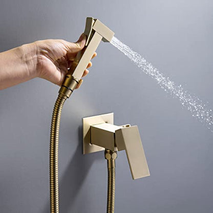 Handheld Bidet Sprayer Head Warm Water Mixing Kit Brushed Gold Brass | Square Bidet Hand Held Sprayer Shattaf Bathroom Attachment for Toilet with Concealed Hot and Cold Mixing Valve - color: Brushed Gold