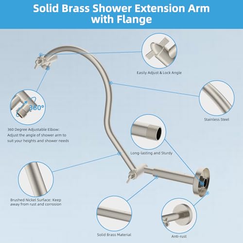 Hibbent All Metal Upgraded 18'' Shower Head Extension Arm, Brushed Nickel | Shower Arm with Flange, Brass Flexible Height & Angle Adjustable Shower Extender with Lock Joint, Universal Connection - color: Brushed Nickel