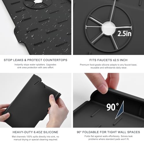 Kitchen Faucet Sink Splash Guard - Faucet Guard & Draining Mat Black | Silicone water catcher mat, Sink drain pad behind fauce; Sink rubber mat, Faucet Mat, kitchen bathroom protect around faucet - color: Black
