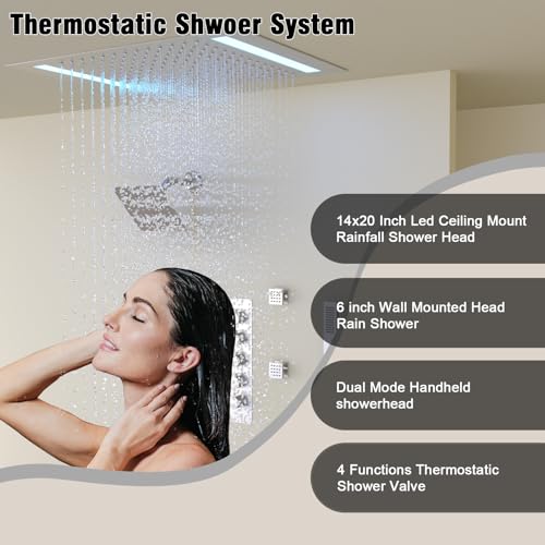 Thermostatic Shower System with 14x20 Inch Ceiling Mount LED Head & 6 Inch Wall Head and Handheld Shower 4 Function Vale with body jets Can All Run Together,Brushed Nickel - color: Brushed Nickel, style: 14x20 led+6 jets